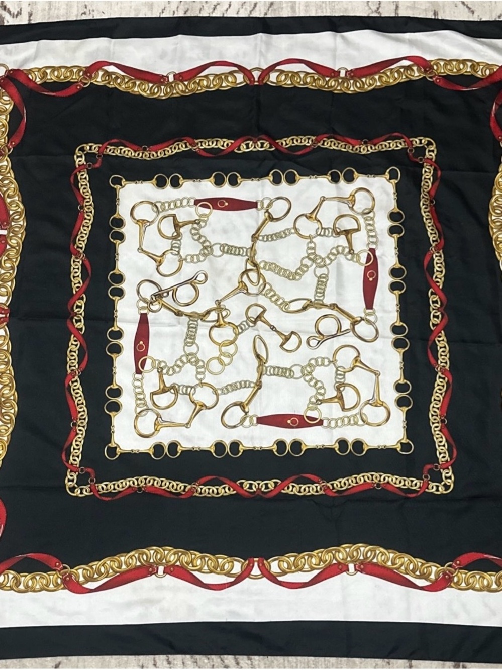 Escada by Margaretga Ley Chain Print Silk Scarf - Black, White & Red